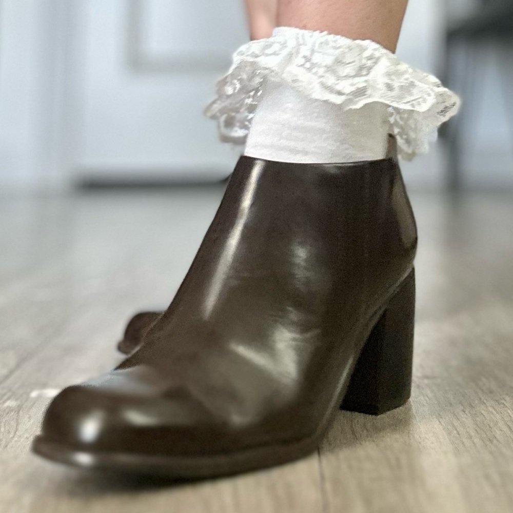 Chocolate Brown Leather Block Heel Vintage Ankle Booties - Picture 5 of 10